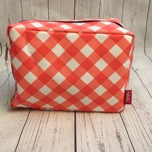 Coral Checker Print Cosmetic Makeup Travel Bag